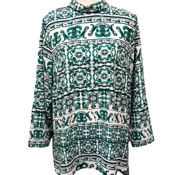 H&M Blouse Size 14 Long Sleeve Flowy Green and White Print Longer Top - Picture 1 of 8